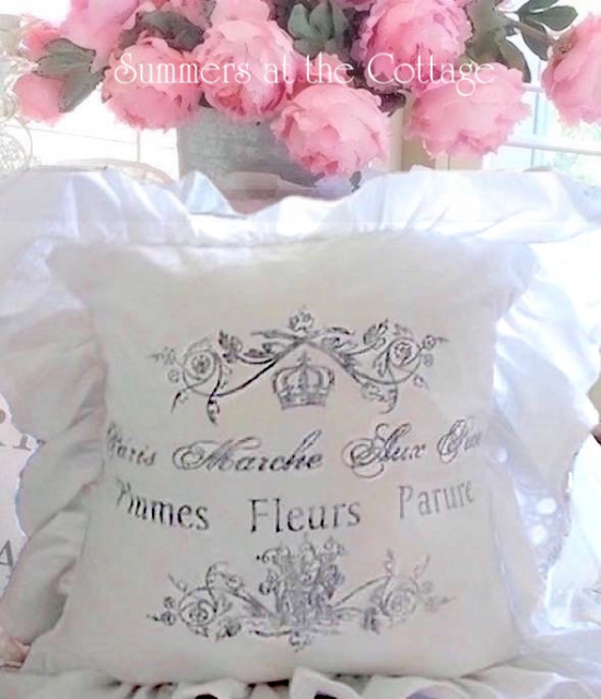 VINTAGE COTTAGE FARMHOUSE FRENCH MARKET RUFFLE SCRIPT PILLOW